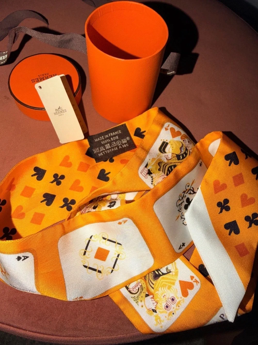 Hermes Orange Playing Card Silk Twilly Scarf